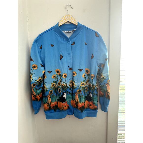 Blair Women's Blue Cat Sunflower Snap Front Sweater | Size Medium Petite - Picture 1 of 4